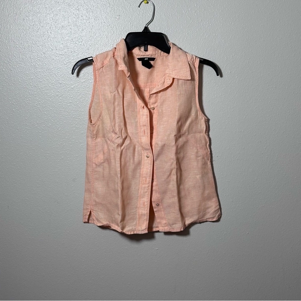 H&M Women Orange Button‎ Down Linen Sleeveless Shirt Size Small.